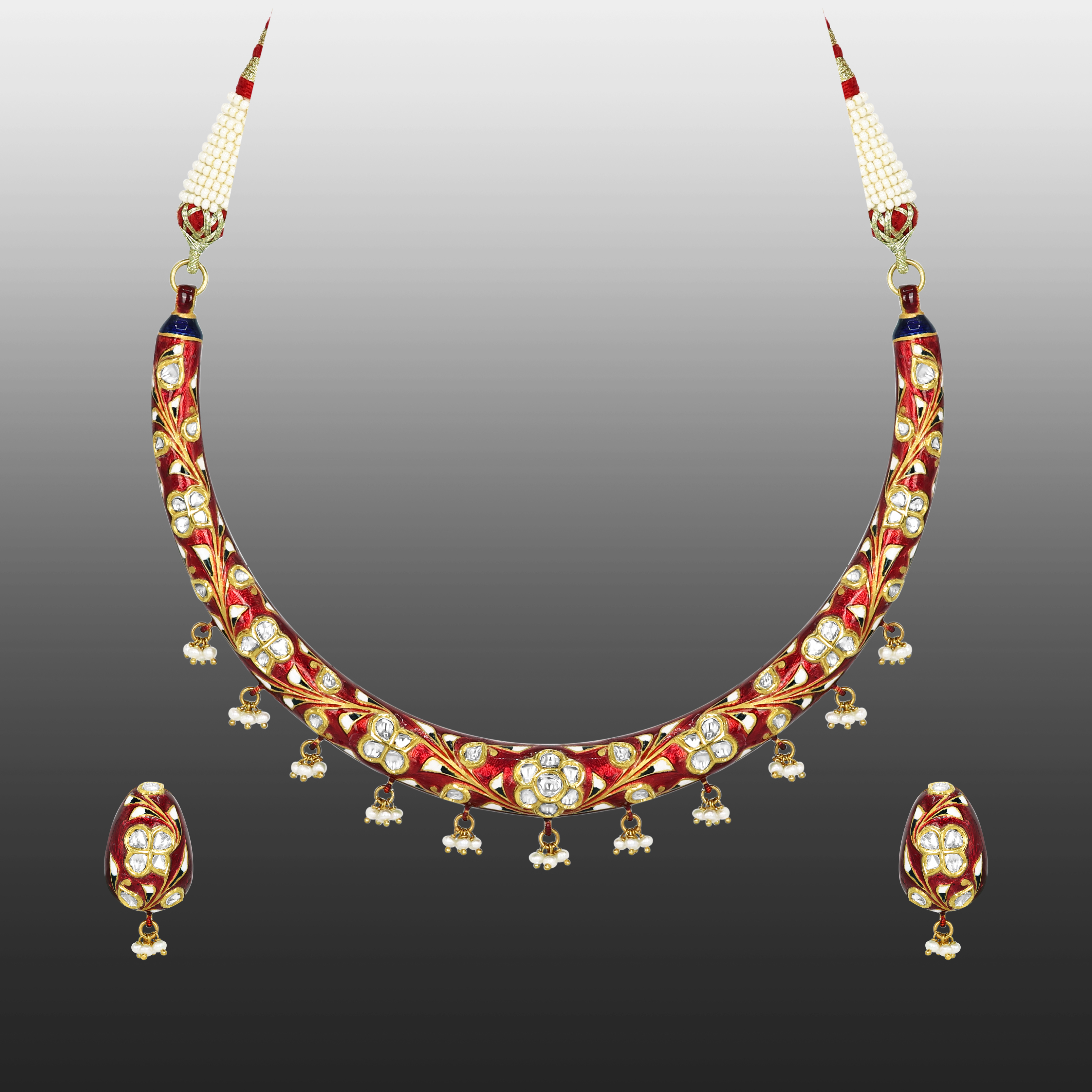 Polki Hasli Necklace Set with Red Enamel and Pearl Beads